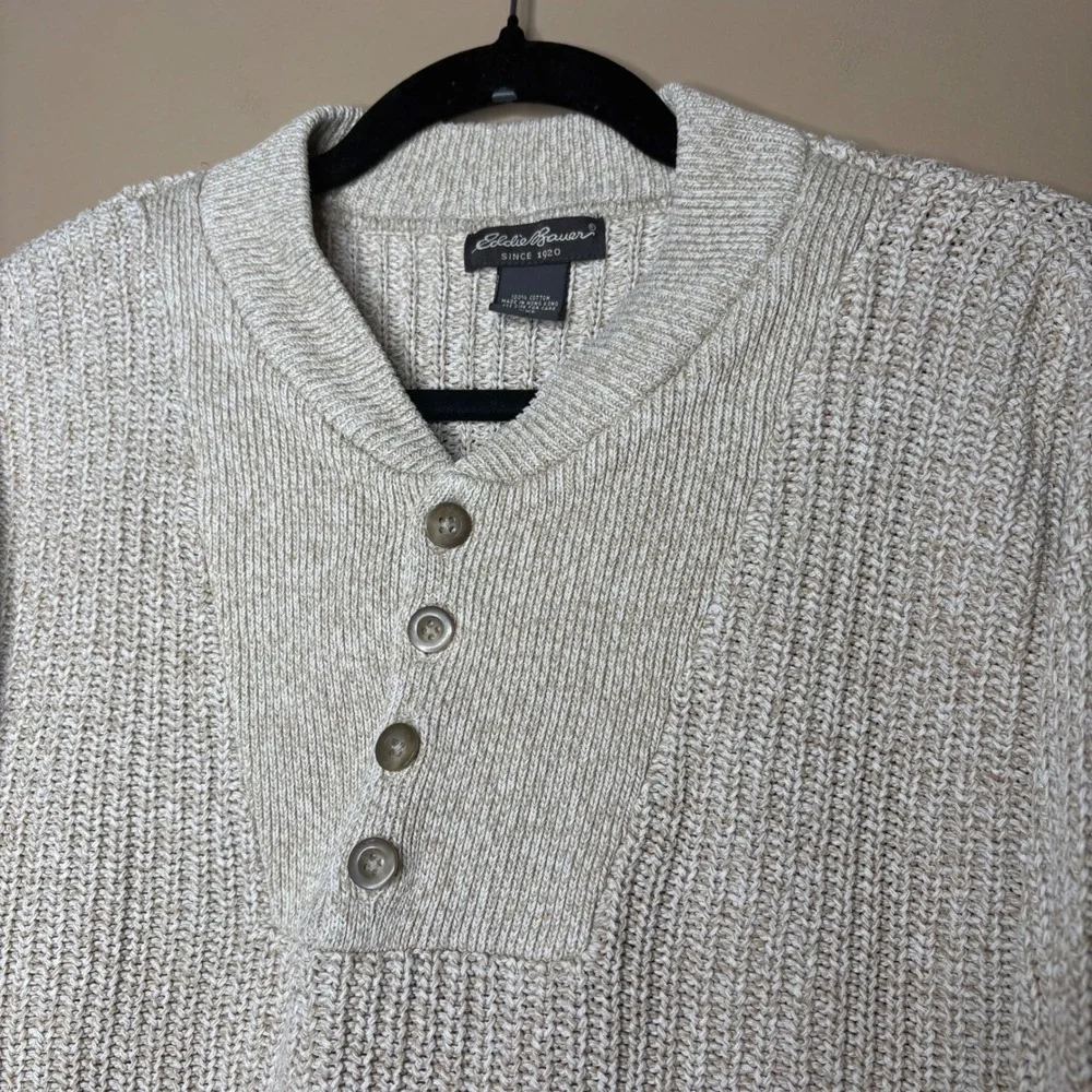 Eddie Bauer Mens XXL Beige Marled Cotton Heavy Chunky Knit Shawl Henley Sweater